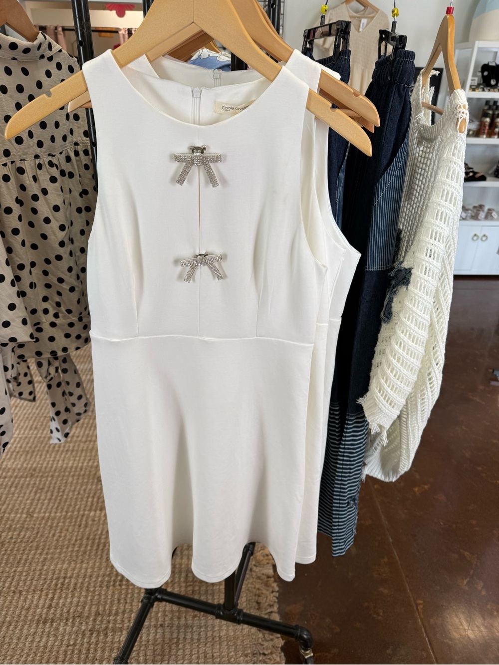 Elegant White Mini Dress with Crystal Bow Accents